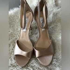 Nina Metallic Rose Gold Ankle-Strap Heels with Rhinestone Accent